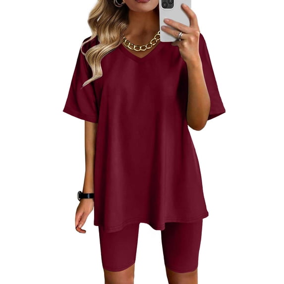 Women Two Piece Outfit sets Casual T-Shirt Tops Biker Shorts Workout Sports Tracksuit Wine Size XL