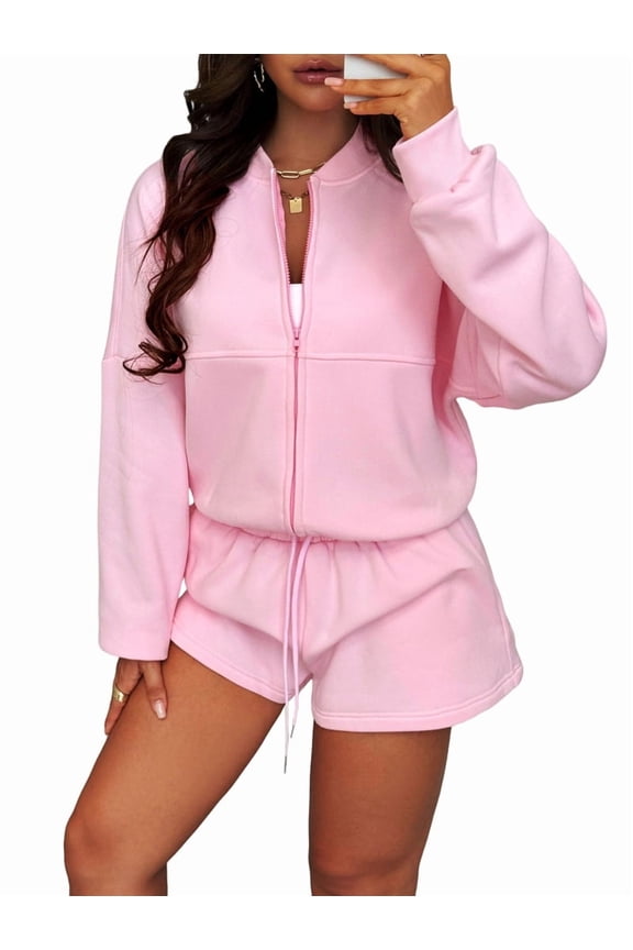 Women Two Piece Outfits Bodycon Tracksuit Sweatsuits Lounge Long Sleeve Pant Sets Pink M