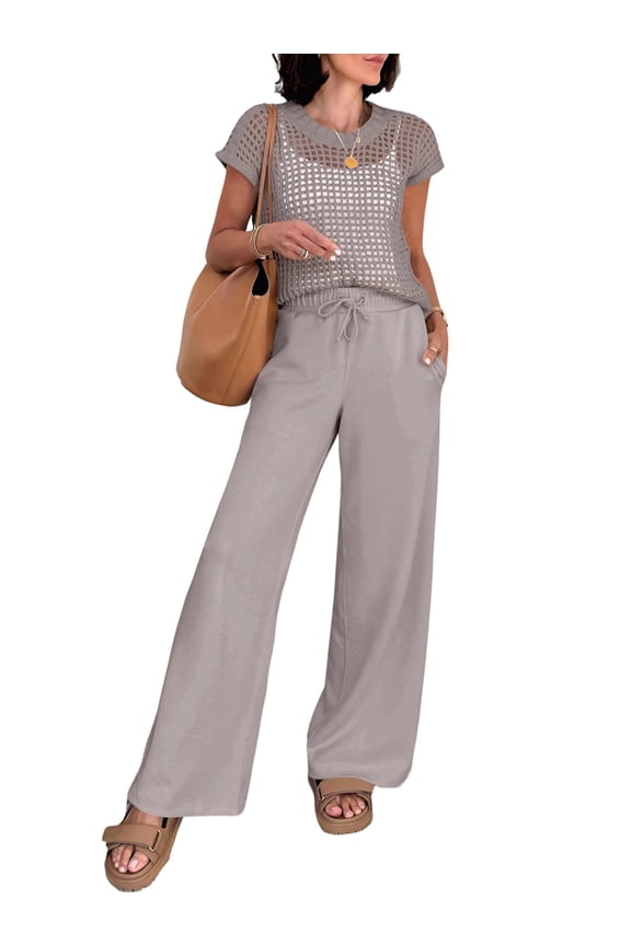 Women Two Piece Outfits Crochet Sheer Knit Sweater Top Wide Leg Pants Lounge Matching Sets Gray XL