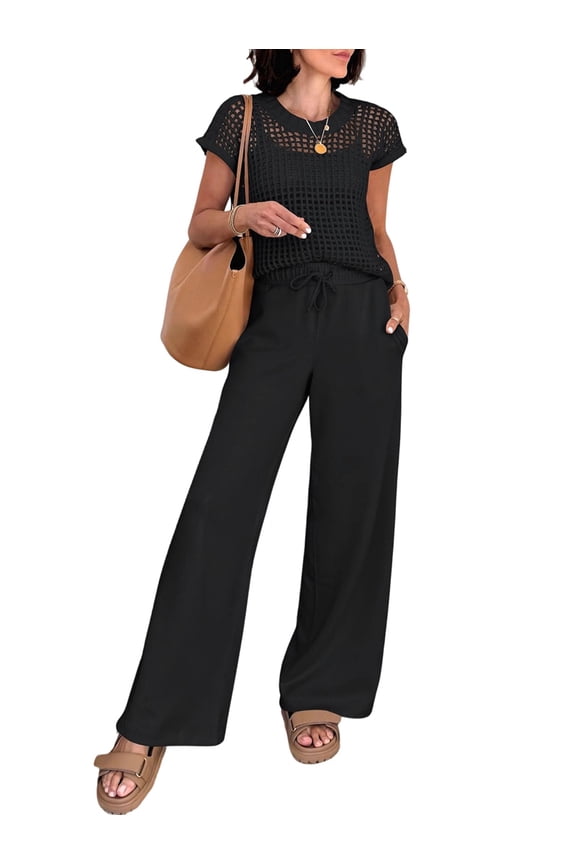 Women Two Piece Outfits Crochet Sheer Knit Sweater Top Wide Leg Pants Lounge Matching Sets