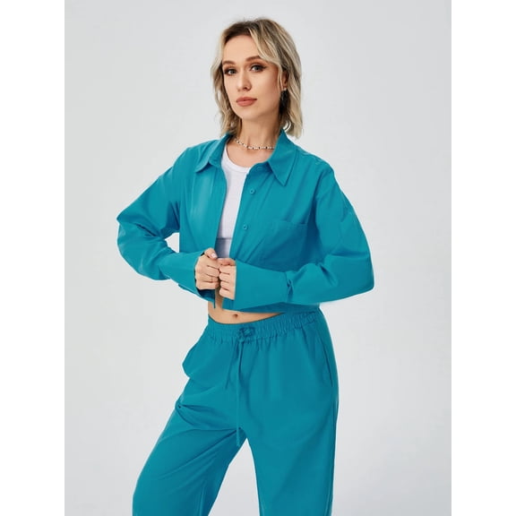 Women Two Piece Outfits For Women Long Sleeve Button Down Wide Leg Loungewear Pajama Set