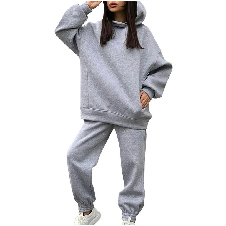 Women's 2 Piece Tracksuit Sweatsuits Sets,Hooded Athletic Tracksuit-Long  Sleeve Pullover Sweatshirt Jogger Pants Sweatsuit Grey,Large