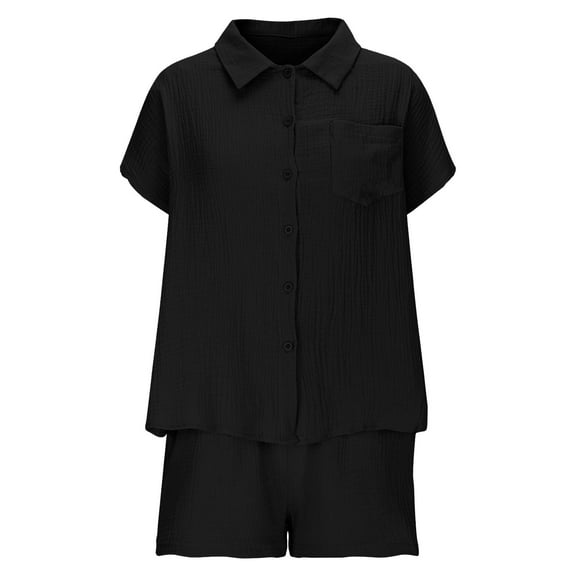 Women Two Piece Outfits Sets Casual Shorts Set Women Cotton Linen Button up Shirts and Drawstring Elastic Waist Shorts 2 Piece Summer Outfits Sets New Black S