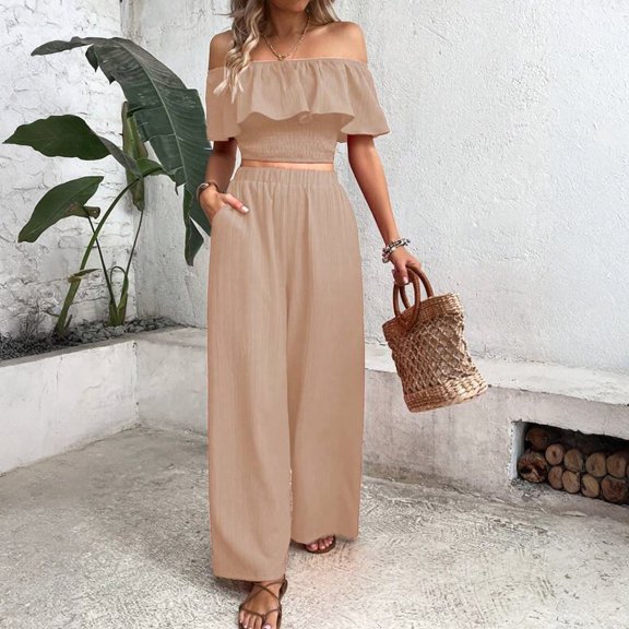 Women Two Piece Outfits Sets, One Shoulder Strapless Top and Elastic Waist Wide Leg Pants, Summer Date Night Set, Khaki - M