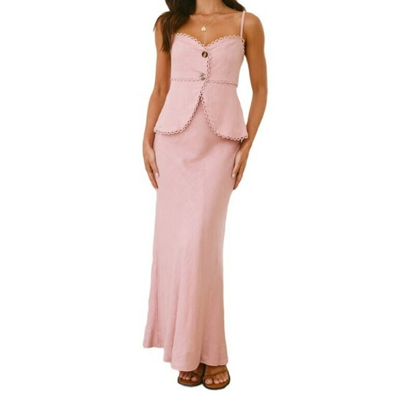 Women Two Piece Outfits Skirt Set Button Down Vest Short Skort Crew Neck Summer Business Casual Suit Pink XL