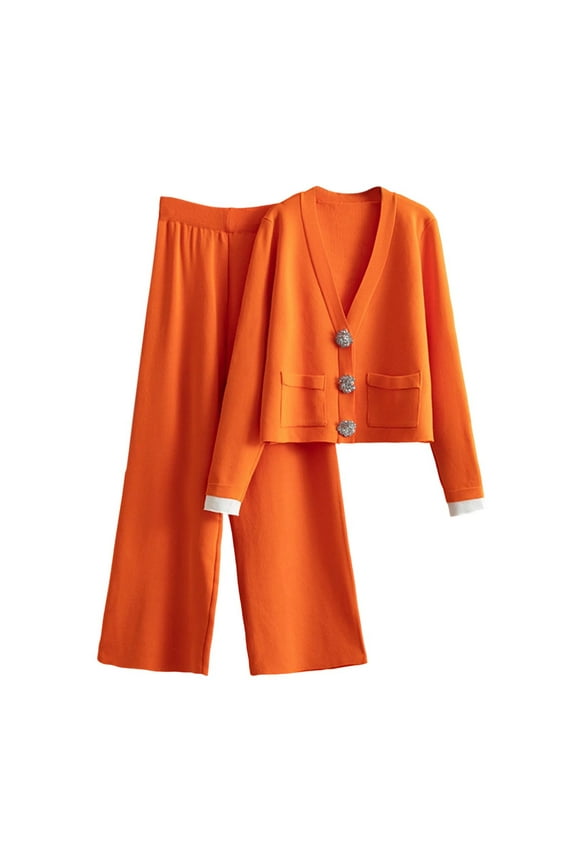 Women Two Piece Outfits Sweater Sets Lounge Long Sleeve Knit Cardigan Wide Leg Pants Soft Fall Matching Set, Free Size