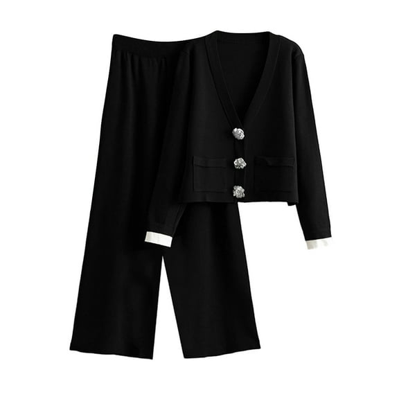 Women Two Piece Outfits Sweater Sets Lounge Long Sleeve Knit Cardigan Wide Leg Pants Soft Fall Matching Set, Free Size