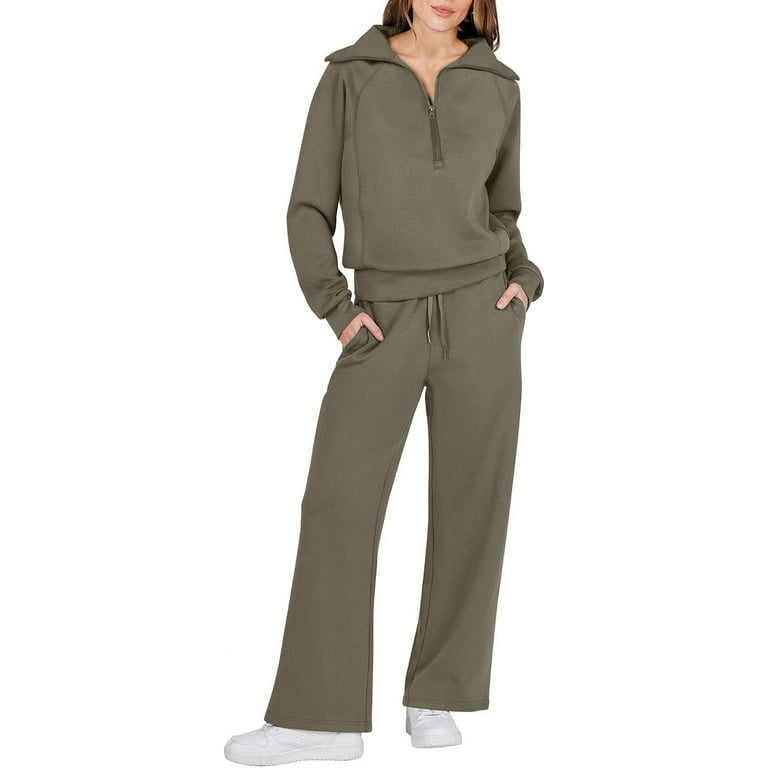 Women Two Piece Outfits Sweatsuit Set Quarter Zip Oversized Sweatshirt Wide  Leg Sweatpant Fall Lounge Set Tracksuit 