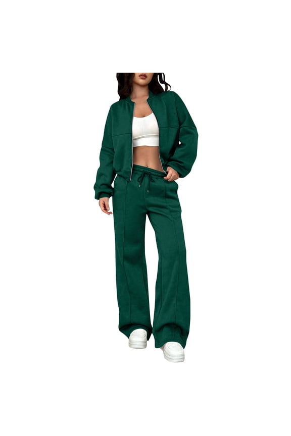 Women Two Piece Outfits Sweatsuit Zip Up Sweatshirt Wide Leg Sweatpant Matching Travel Tracksuit Lounge Sets Army Green M
