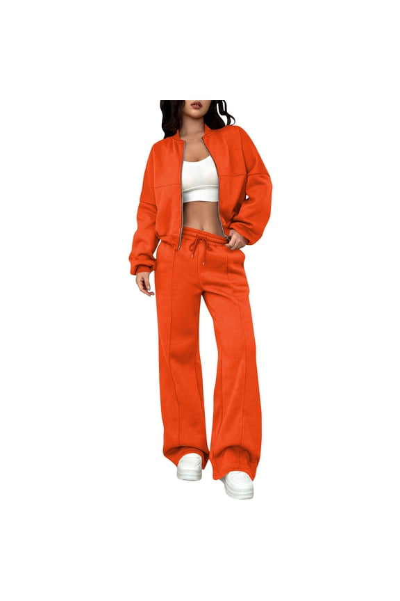 Women Two Piece Outfits Sweatsuit Zip Up Sweatshirt Wide Leg Sweatpant Matching Travel Tracksuit Lounge Sets Saffron 2XL