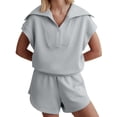 thumbnail image 1 of Women Two Piece Outfits Tracksuit Half Zip Lapel Cap Sleeve Sweatshirt High Waist Drawstring Shorts Set Sweatsuit, 1 of 6