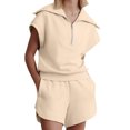 thumbnail image 1 of Women Two Piece Outfits Tracksuit Half Zip Lapel Cap Sleeve Sweatshirt High Waist Drawstring Shorts Set Sweatsuit, 1 of 4