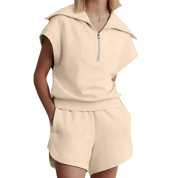 Women Two Piece Outfits Tracksuit Half Zip Lapel Cap Sleeve Sweatshirt High Waist Drawstring Shorts Set Sweatsuit