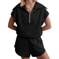 thumbnail image 1 of Women Two Piece Outfits Tracksuit Half Zip Lapel Cap Sleeve Sweatshirt High Waist Drawstring Shorts Set Sweatsuit, 1 of 6