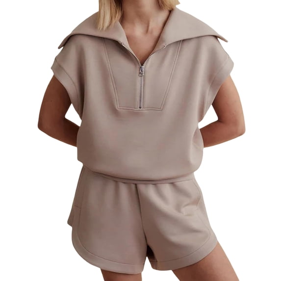 Women Two Piece Outfits Tracksuit Half Zip Lapel Cap Sleeve Sweatshirt High Waist Drawstring Shorts Set Sweatsuit