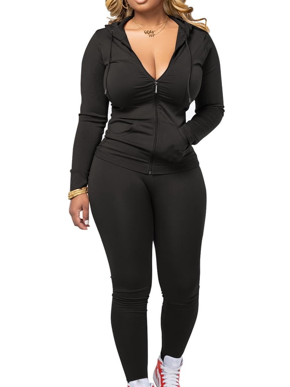 Women Two Piece Outfits Workout Sets Bodycon Tracksuit Long Sleeve Zip Up Hoodie Jacket Jogger Matching Sweat Pants Set Black L