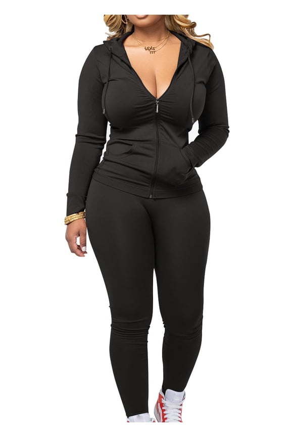 Women Two Piece Outfits Workout Sets Bodycon Tracksuit Long Sleeve Zip Up Hoodie Jacket Jogger Matching Sweat Pants Set Black XL
