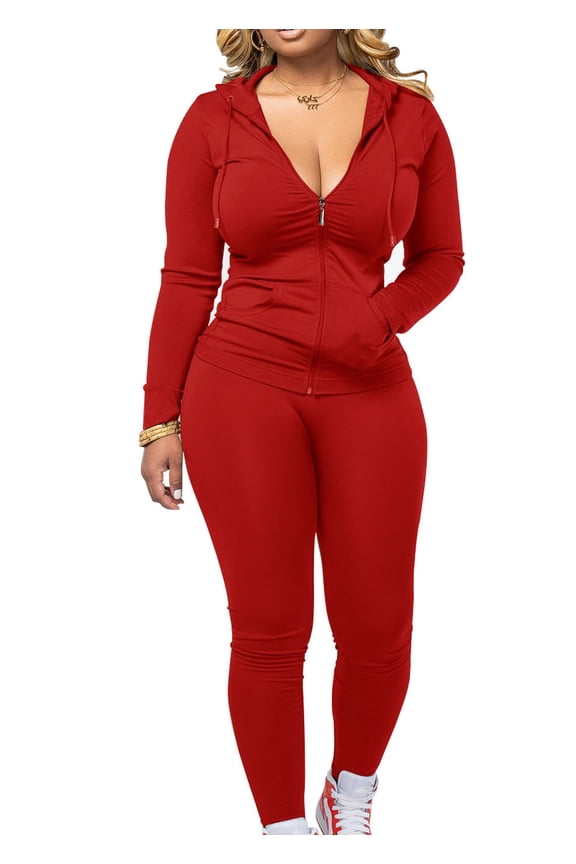 Women Two Piece Outfits Workout Sets Bodycon Tracksuit Long Sleeve Zip Up Hoodie Jacket Jogger Matching Sweat Pants Set