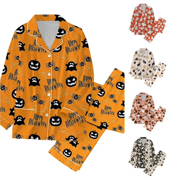 Women Two Piece Pajama Set Long Sleeve Halloween Pumpkin Ghost Bat Print Pajamas Family Pants Set Holiday Classic Button Down Long Satin Loungewear Cozy Pjs Nightwear Sleep Set