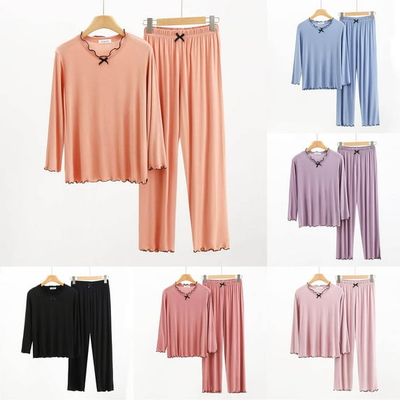 Women Two Piece Pajama Set Long Sleeve V Neck Top and Pants Soft Loungewear Sleepwear Casual Pjs Set