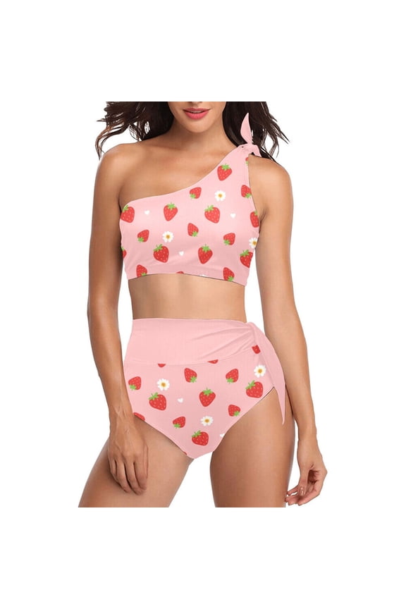 Women Two Piece Pink Strawberry Swimsuit One Shoulder Bathing Suit Sleeveless Top High Waist Panty Set Swimwear