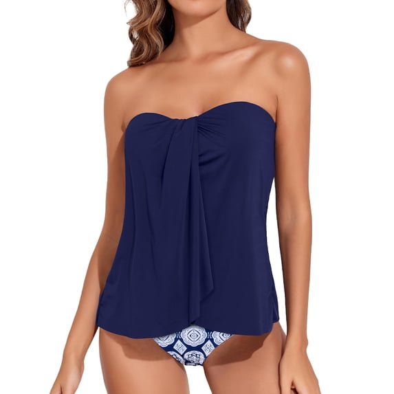 Women Two Piece Plus Size Tankini Bathing Suits Bandeau Swimsuits with High Waisted Bottom Navy XL