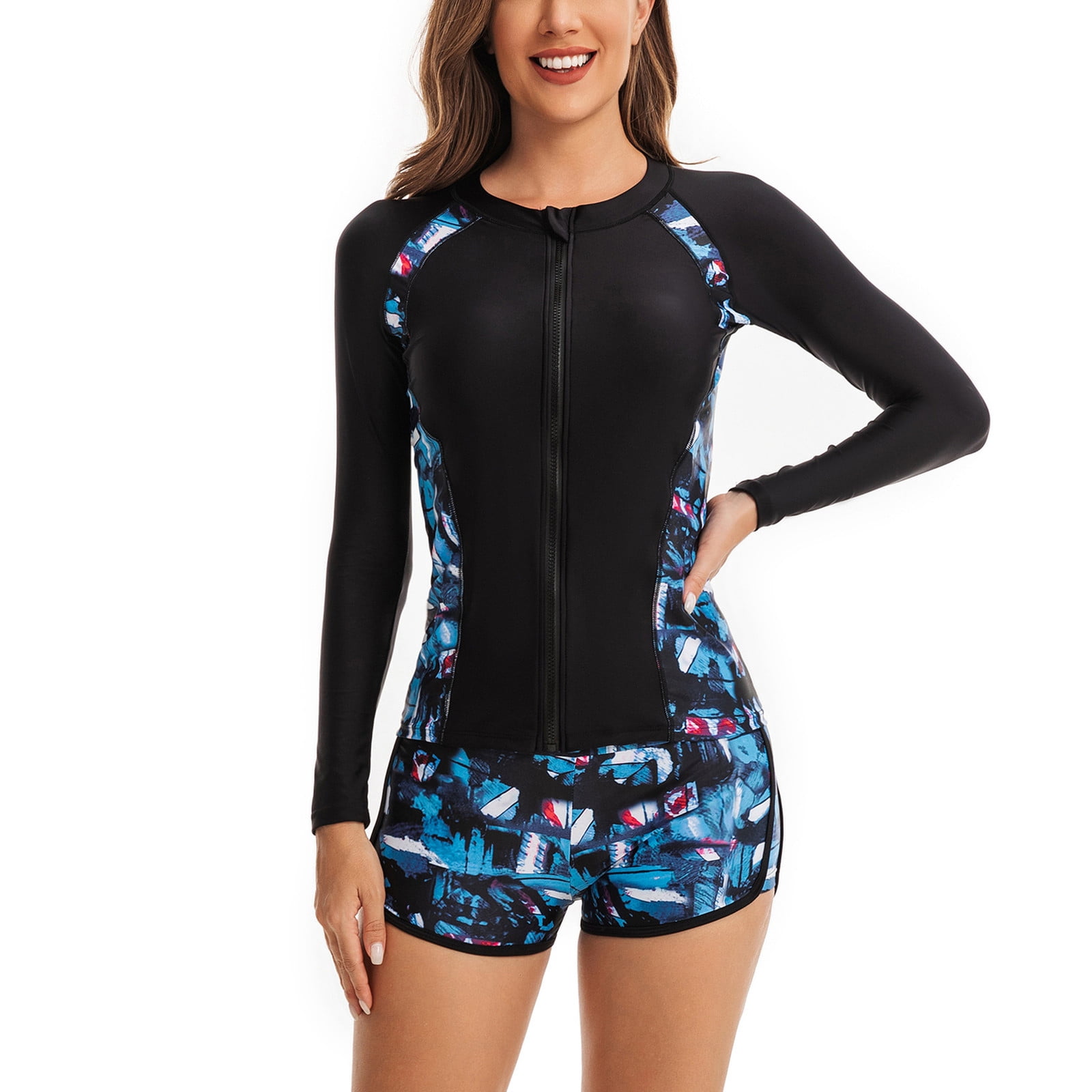 Women Two Piece Rash Guard Long Sleeve Swimsuits Sets Swim Shirts with