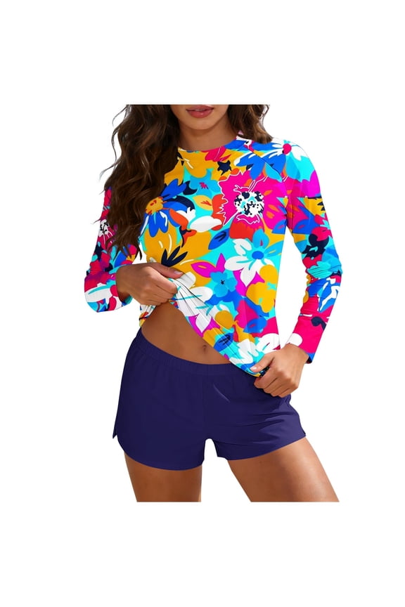Women Two Piece Rash Guard Long Sleeve Swimsuits UV UPF 50+ Swim Shirt Bathing Suit with Boyshort Bottom Built in Bra Quick Dry Breathable Swimwear 2026 Summer Beach Vacation Outfits