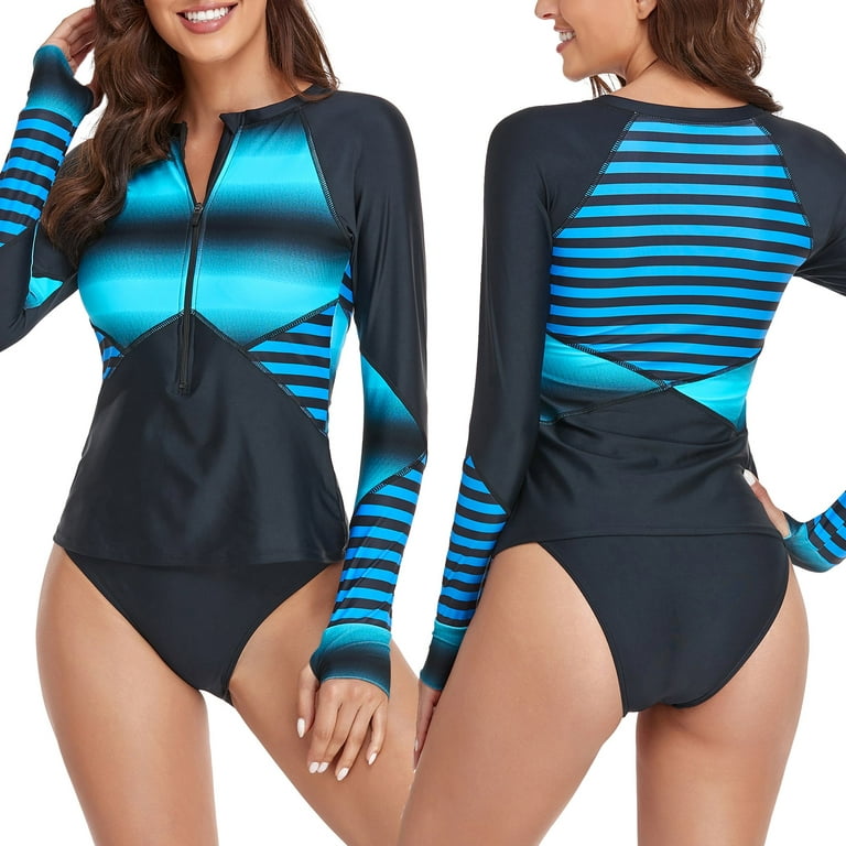 Women Plus Size Two Piece Rash Guard Long Sleeve Swimsuits Sun Protection  Swim Shirt with Boyshort Bottom - M US(8-10) 
