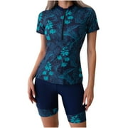 Women Two Piece Rash Guard Short Sleeve Swimsuits UV UPF 50+ Swim Shirt Bathing Suit with Boyshort Bottom Surf Suit