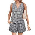 thumbnail image 1 of Women Two-Piece Resort Short Suit Linen Check Vest Black XL, 1 of 7