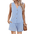 thumbnail image 1 of Women Two-Piece Resort Short Suit Linen Check Vest Blue XL, 1 of 7