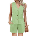 thumbnail image 1 of Women Two-Piece Resort Short Suit Linen Check Vest Green S, 1 of 7