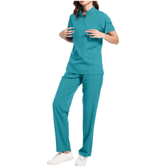 Women Two-Piece Scrubs Set, Women's Nursing Zip-Up Stretch Top & Pants With Multiple Pockets for Caregivers