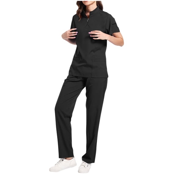 Women Two-Piece Scrubs Set, Women's Nursing Zip-Up Stretch Top & Pants With Multiple Pockets for Caregivers