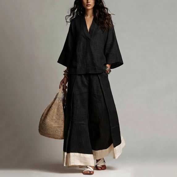 Women Two Piece Set 3/4 Sleeve V Neck Tops and High Waist Wide Leg Pants with Contrast Hem Summer Cotton Linen Outfits, XL
