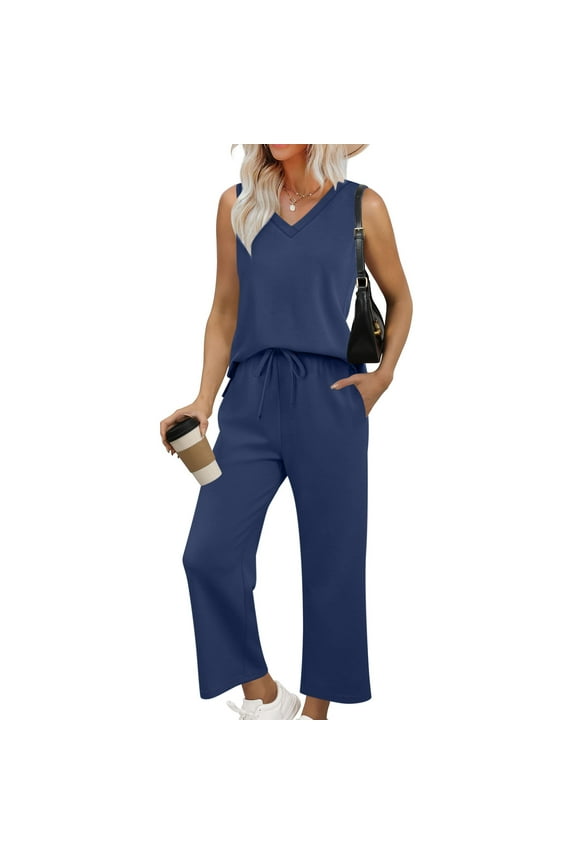 Women Two Piece Set, V-Neck Lounge Matching Set, Summer Vacation Travel Outfits, Casual Daily Wear, Comfy Stretchy Outfits, Gift for Women | HAODEJW,Navy L