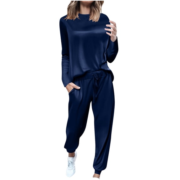 Women Two Piece Sets,Fall Clothes Set Agkizg Womens 2 Piece Sets Solid Color Velvet Long Sleeve Crew Neck Top and Pants with Pockets Matching Tracksuit Set