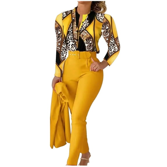 Women Two Piece Sets Fashion Casual V-Neck Printed Long Sleeved Top Add Solid Color Pants Set With Belt Yellow M