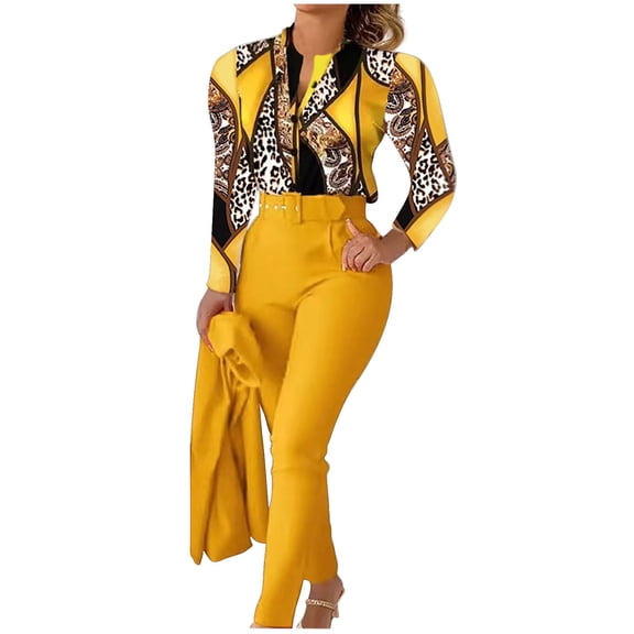 Women Two Piece Sets Fashion Casual V-Neck Printed Long Sleeved Top Add Solid Color Pants Set With Belt Yellow M