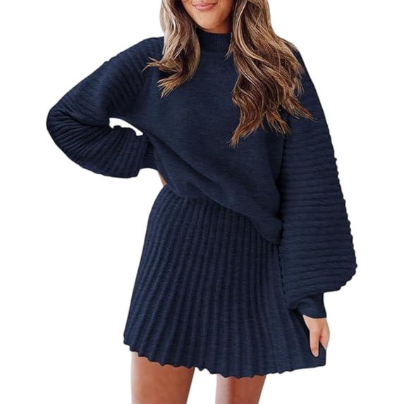 Women Two Piece Skirt Set High Neck Ribbed Sweater and Short Skirt Two Piece Set