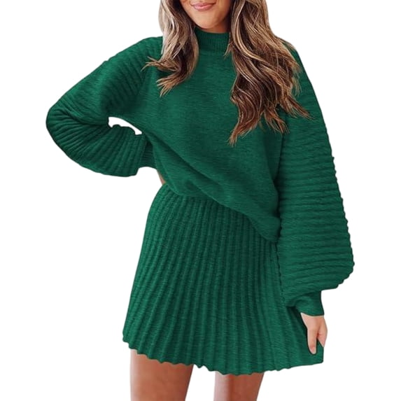 Women Two Piece Skirt Set High Neck Ribbed Sweater and Short Skirt Two Piece Set