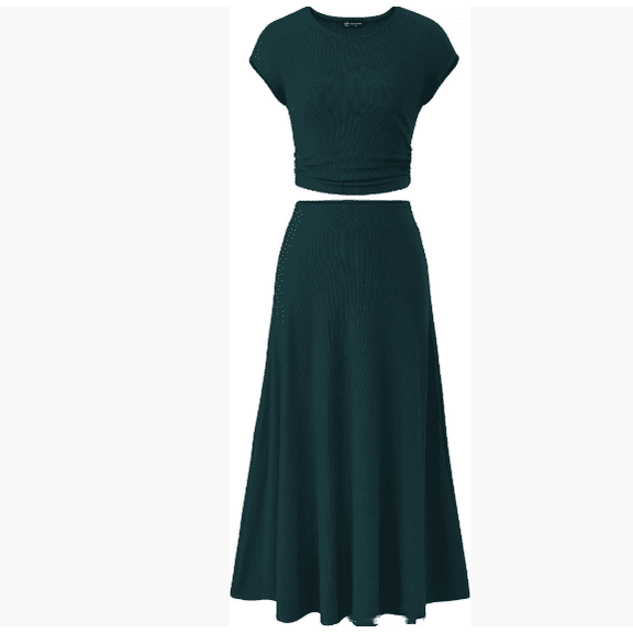 Women Two Piece Skirt Set Summer Casual Vacation Crew Neck Short Sleeve Cropped Top Elastic Waist Midi Skirts