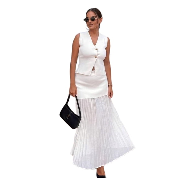 Women Two Piece Skirt Set V Neck Blazer Vest and Mesh Long Skirt Casual Outfit