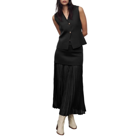 Women Two Piece Skirt Set V Neck Blazer Vest and Mesh Long Skirt Casual Outfit
