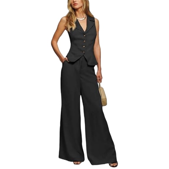Women Two Piece Snapbutton Short Suit Vest and Wide Leg Pants Set