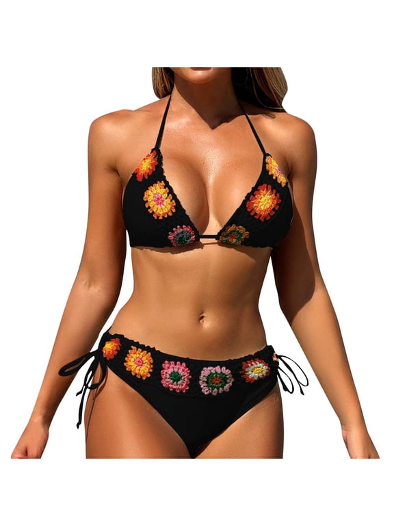 Women Two Piece String Bikini Set Floral Print Halter Side Tie Triangle Thong Swimsuits Bathing Suit