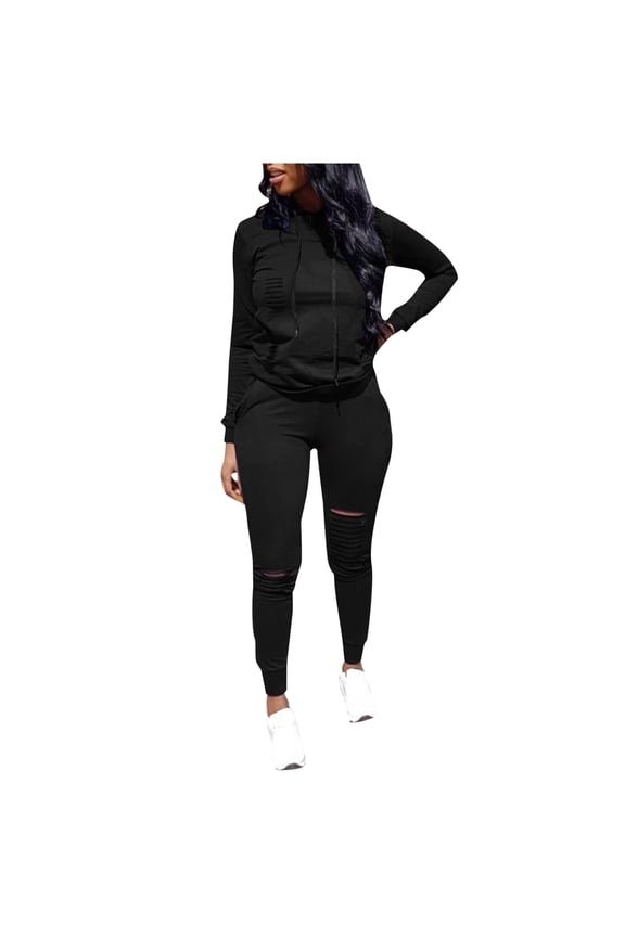 Women Two Piece Sweatshirt Suit Sportswear Distressed Ripped Pullover Hoodie and Sweatpants Set