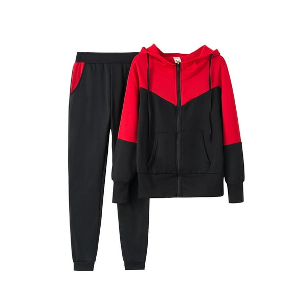 Women Two Piece Sweatsuit Outfits Sets Color Block Zipper Up Hooded Sweatshirt and Jogger Pants Workout Sets Women Hooded Sweatshirt and Pant Tracksuit Sport Suit , S&Red