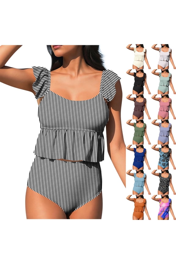 Women Two Piece Swimsuit Ruffle Sleeve Stripe Tankini Set High Waisted Tummy Control Modest Bathing Suit Scoop Neck Swimwear for Beach Vacation Pool Party